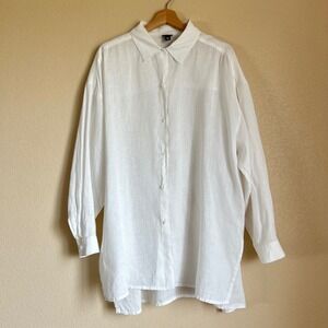 Eileen Fisher Size L Shirt White Irish Linen Oversized Button Tunic Handkerchief
